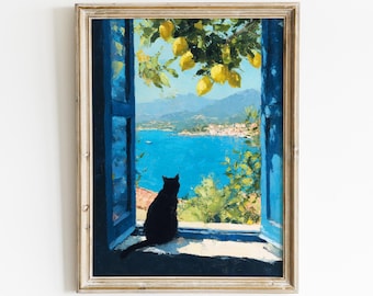 Coastal Mediterranean Wall Art, Lemon Summer Seascape Painting, Cat Lover and Beach Decor, Summer Coastal Home Art, Sunlit Lemon Home Decor