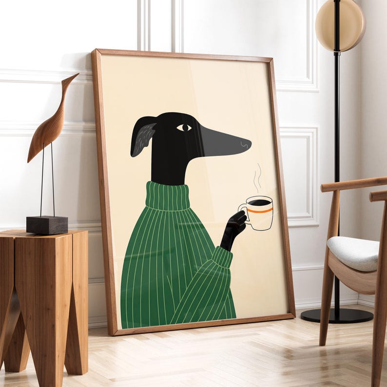 Greyhound Dog Art Print | Coffee Dog Art | Green Sweater Greyhound Art | Kitchen Decor for Dog Lovers | Funny Pet Gift | Modern Animal Print image 1