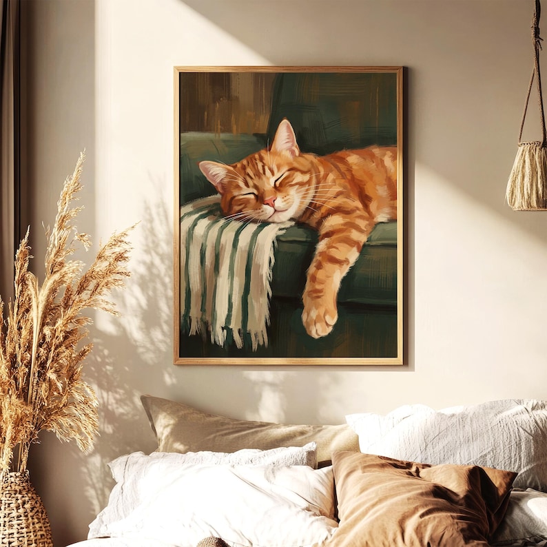 Orange Cat Wall Art | Striped Sleeping Cat Print | Cozy Cat Poster ...