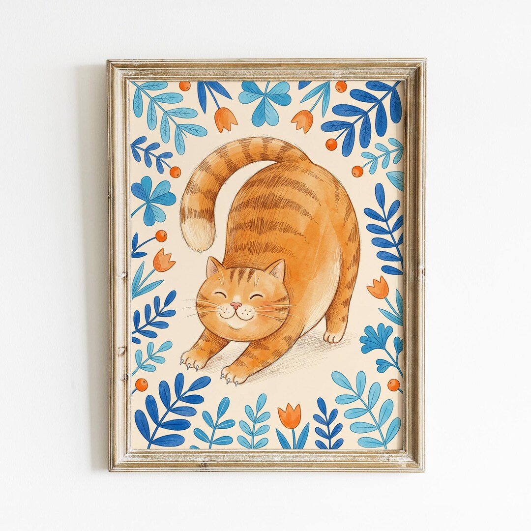 Orange Cat Wall Art Print | Whimsical Floral Tabby Cat Floral Decor ...
