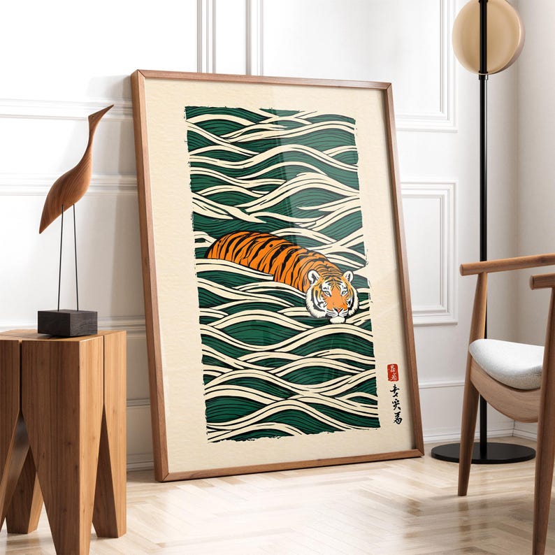 Japanese Tiger Wall Art | Vintage Ukiyo-e Tiger Print | Minimalist Asian Animal Poster | Swimming Tiger Wall Decor | Asian Tiger Home Decor image 4