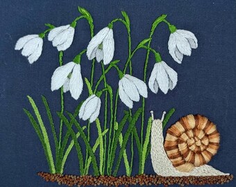 Snowdrops and 3d Snail Hand Embroidery pattern