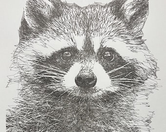 Raccoon Ink Drawing, Pen and Ink Drawing, Scribble Line Art, 11x14 Drawing