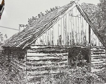 Overgrown Barn Ink Drawing, Pen and Ink Drawing, Scribble Line Art, 11x14 Drawing, Wall Decor, Barn Art