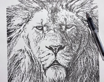 Pen and Ink Drawing, Lion Drawing, Scribble Line Sketch, 11x14 Drawing