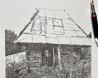 Hillside Cottage Ink Drawing, Pen and Ink Drawing, Scribble Line Art, 11x14 Drawing, Wall Decor, Cottage Art