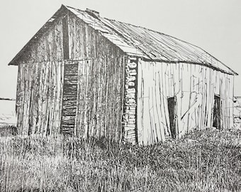 Barn in Field Ink Drawing, Pen and Ink Drawing, Scribble Line Art, 11x14 Drawing, Wall Decor, Barn Art