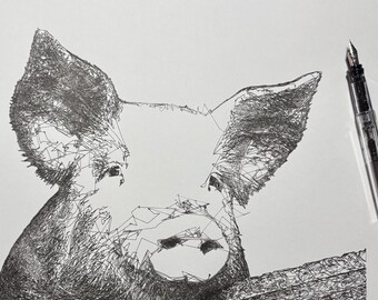 Pig on Fence Ink Sketch, Pen and Ink Drawing, Scribble Line Art, 11x14 Drawing
