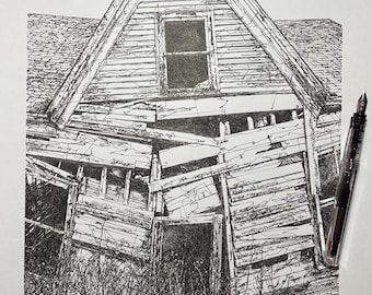 Dilapidated House Ink Drawing, Pen and Ink Drawing, Scribble Line Art, 11x14 Drawing, Wall Decor