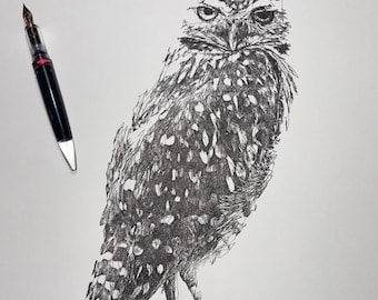 Owl on Post Ink Sketch, Pen and Ink Drawing, Scribble Line Art, 11x14 drawing