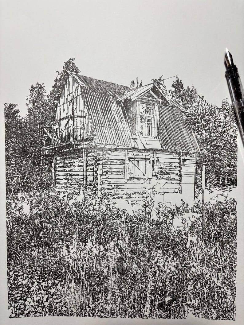 Rustic Draw Rustic Cottage in Field Ink Drawing, Scribble Line Art, 11x14 Drawing ...