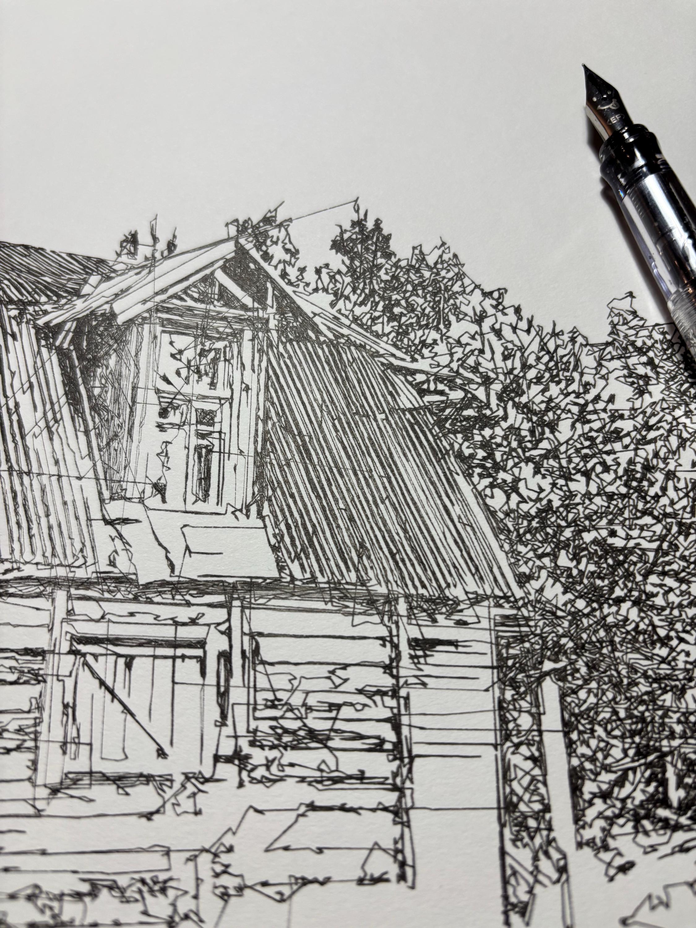 Fields Ink Drawing Rustic Cottage in Field Ink Drawing, Scribble Line Art, 11x14 Drawing ...