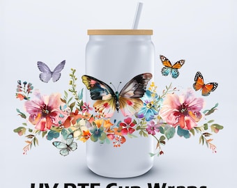 UVDTF 16 oz Butterfly Flowers Libbey Cup Wrap