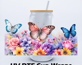 UVDTF 16 oz Butterfly Flowers Libbey Cup Wrap
