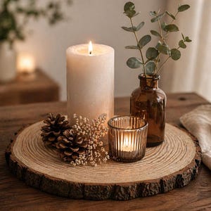 May include: A lit, ivory-colored pillar candle, a small glass votive candle, and a brown glass vase with greenery sit on a wooden slice. Two pinecones and dried flowers are also on the wooden slice, creating a rustic, natural centerpiece.