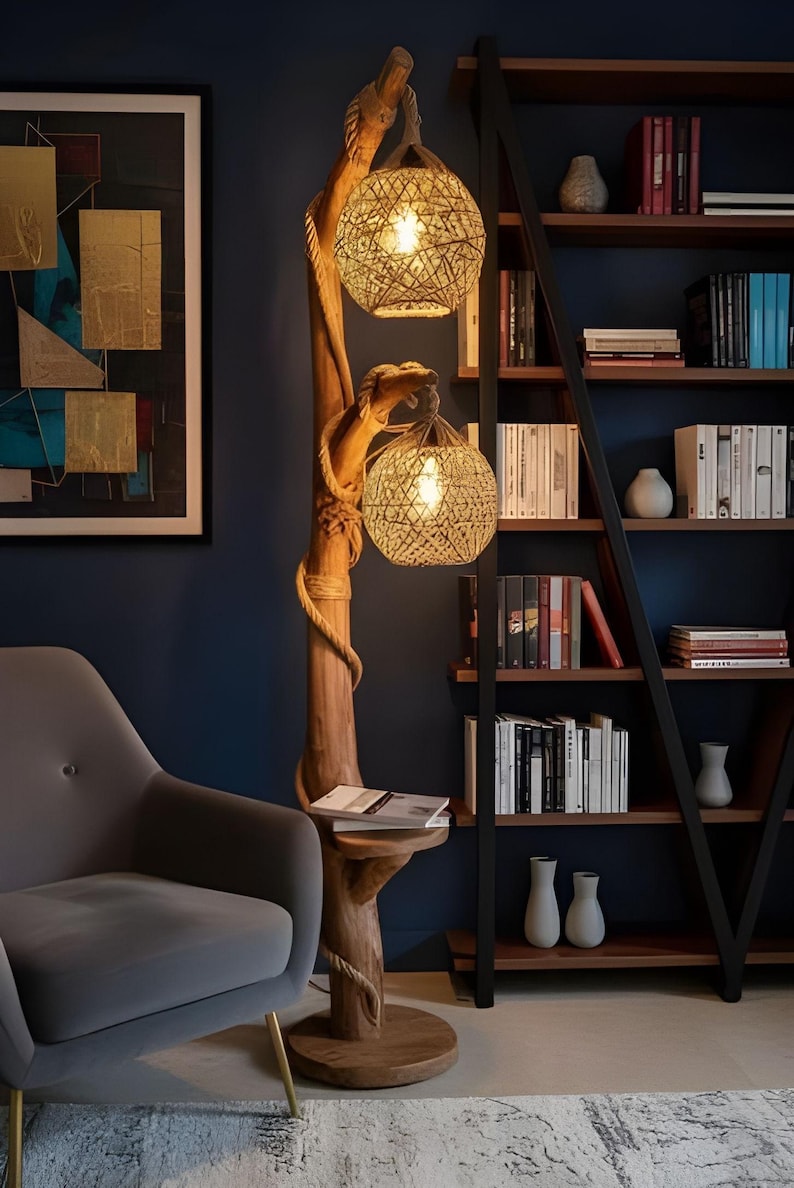 Lámpara de Pie de Árbol de Madera Natural Hecha a Mano, Luz de Madera Rústica para Sala de Estar, Lámpara de Esquina Única