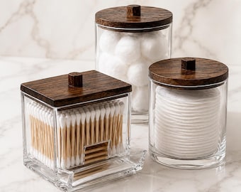 Luxury Bathroom Organizer Set with Bamboo Lid | Minimal Spa Vanity Decor | Q Tip & Cotton Ball Storage