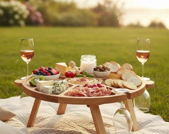 Portable Wine Picnic Table, Folding Wood Charcuterie Board, Outdoor Snack Tray, Wine Glass Holder, Anniversary Gift for Couple