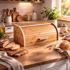 Caja de pan de madera con tapa enrollable – Almacenamiento de pan en madera natural hecho a mano,organizador moderno de cocina,decor rústico