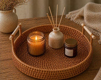 Set de 3 Bandejas Redondas de Ratán con Asas, Bandeja Decorativa de Mimbre, Decoración Mesa de Centro, Estilo Boho Farmhouse