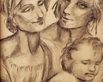 Handgemaakte houtskooltekening van "Maagd met kind met heilige Anna en het kindje Johannes de Doper"