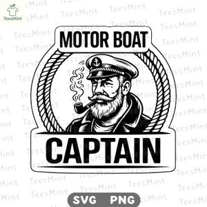 May include: A monochrome graphic featuring a motor boat captain in a cap, smoking a pipe, framed by a rope design. The text reads "MOTOR BOAT" above and "CAPTAIN" below the illustration.