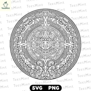 May include: A black and white circular graphic design featuring a detailed Aztec sun stone calendar illustration. The central face is surrounded by intricate geometric patterns, symbols, and concentric rings. The text SVG PNG appears at the bottom.