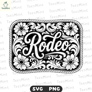 May include: Black and white decorative rodeo belt buckle design. The buckle features the word "Rodeo" in a cursive font, surrounded by floral and scrollwork patterns. The border has a rope-like texture.