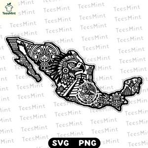 May include: A black and white sticker shaped like the map of Mexico, featuring intricate illustrations of an eagle, a pyramid, the Mexican coat of arms, and various indigenous patterns. The design is detailed with cultural symbols.
