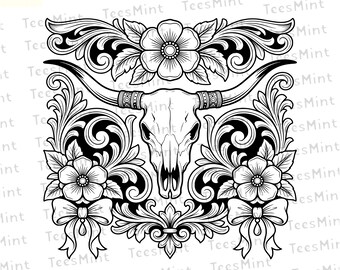 Tooled Leather Longhorn SVG | Coquette Cowgirl DXF | Sheridan Skull PNG | Western Wallet Cut File | T Shirt Mug Laser Wood Wall Art