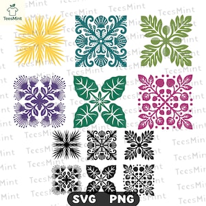 May include: A collection of twelve square digital graphic designs featuring symmetrical botanical and floral patterns in yellow, teal, olive green, purple, dark green, magenta, and black, with the text SVG PNG at the bottom center.