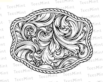 Western Floral Belt Buckle SVG | Ornate Tooled Leather PNG | Vintage Cowgirl Shirt Design | Country Scrollwork Cut File | Boho Western Patch