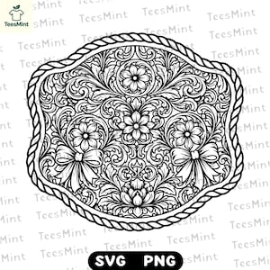 Può includere: Design floreale in bianco e nero con bordo a corda. Il motivo intricato presenta fiori, fiocchi e foglie a spirale. L'immagine include il testo "SVG PNG".