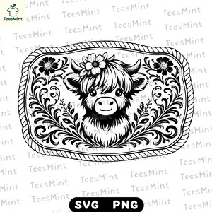 Könnte beinhalten: Schwarz-Weiß-Illustration einer Highland-Kuh mit Blumenkranz, eingebettet in einen dekorativen rechteckigen Rahmen. Der Rahmen weist florale und scrollartige Designs mit einem seilartigen Rand auf. Enthält die Texte "SVG" und "PNG".