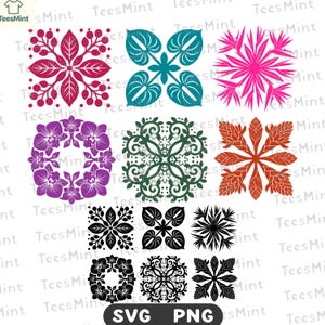 Puede incluir: Una colección digital de doce diseños gráficos florales y botánicos dispuestos en dos filas. La fila superior presenta seis patrones simétricos coloridos en magenta, azul verdoso, rosa, morado, verde oscuro y naranja. La fila inferior repite estos diseños en negro. El texto SVG PNG está centrado en la parte inferior.