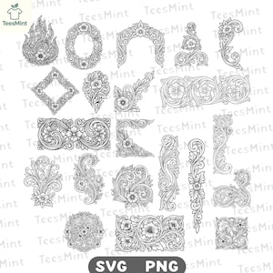 May include: A collection of black and white digital illustrations featuring intricate floral scrollwork, filigree patterns, and decorative borders. The set includes various shapes like frames, corners, and flourishes with repeating flower motifs.