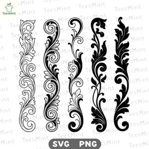 Op de afbeelding: Vijf verticale decoratieve krulmotieven op een rij. De ontwerpen bevatten complexe acanthusbladpatronen en wervelende versieringen in zwart en wit. De tekst SVG PNG is onderaan zichtbaar en het logo TeesMint staat bovenaan.
