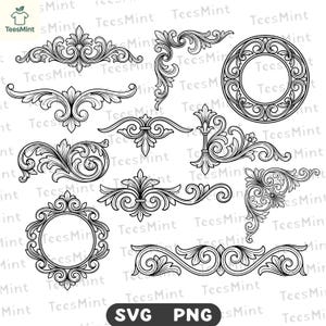 May include: A collection of black and white digital illustrations featuring various ornate scrollwork designs, including two circular frames, multiple corner accents, and symmetrical flourishes with intricate leaf and vine patterns.
