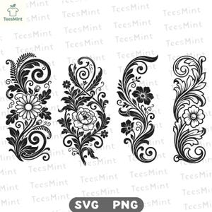 Peut inclure: Quatre motifs floraux en noir et blanc disposés verticalement. Chaque dessin présente des volutes complexes, des feuilles et des fleurs. Les graphiques sont présentés sur un fond clair avec un filigrane répété TeesMint et une étiquette en bas indiquant les formats de fichier SVG et PNG.
