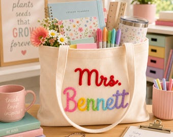 Personalized Corduroy Teacher Tote Bag, Custom Name Zipper bag, Teacher Appreciation Gift, End of Year Teacher Gift, Back to School Tote