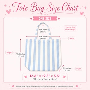 May include: A tote bag size chart featuring a light blue and white striped tote bag. Dimensions are labeled as 12.6 inches width, 19.3 inches height, 5.5 inches depth, and a 12.6 inches handle drop. The total size is listed as 12.6 by 19.3 by 5.5 inches.