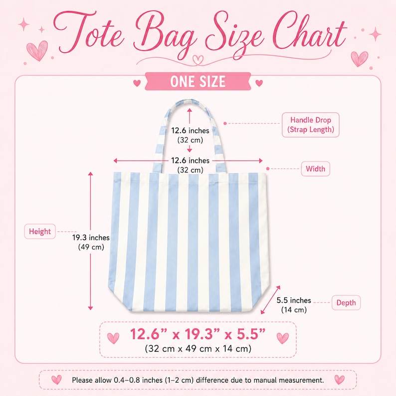 May include: A tote bag size chart featuring a light blue and white striped tote bag. Dimensions are labeled as 12.6 inches width, 19.3 inches height, 5.5 inches depth, and a 12.6 inches handle drop. The total size is listed as 12.6 by 19.3 by 5.5 inches.