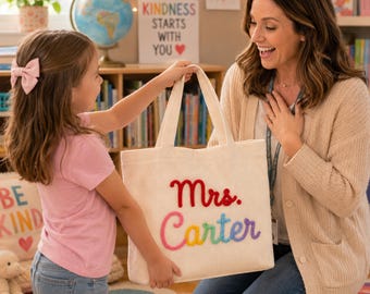 Personalized Corduroy Teacher Tote Bag, Custom Name Zipper bag, Teacher Appreciation Gift, End of Year Teacher Gift, Back to School Tote