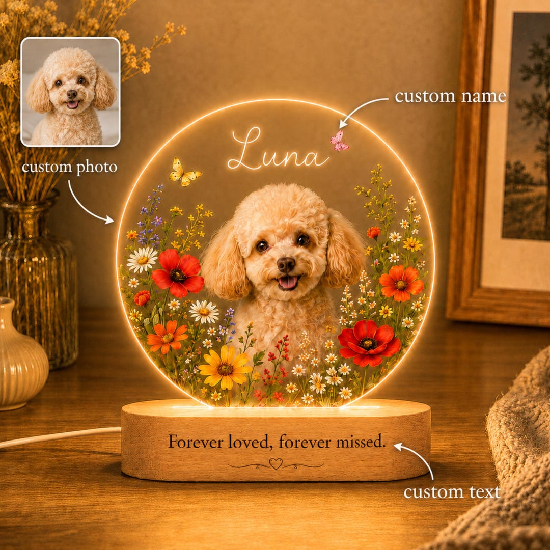 Personalized Pet Photo Memorial Night Light, Custom Dog Cat Portrait ...
