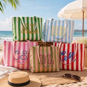 Custom Embroidered Striped Tote Bag, Personalized Name Beach Shopper, Bridesmaid Gift Bag, Future Mrs Tote, Bridal Party Bag image 3