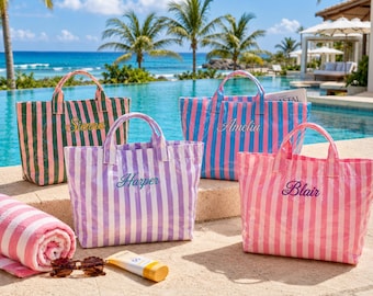 Personalized Waterproof Beach Tote Bag, Embroidered Striped PVC Pool Bag, Custom Summer Travel Bag,Bachelorette Party Favor, Bridesmaid Gift