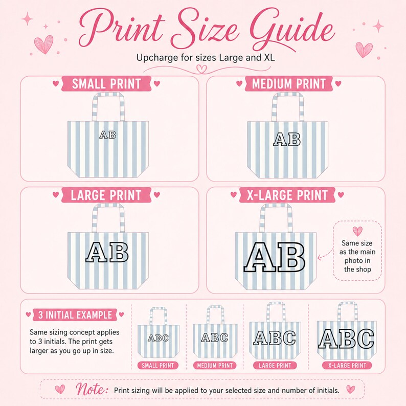 May include: A light pink print size guide for a tote bag featuring vertical blue and white stripes. The chart displays four sizes of monogram prints labeled Small, Medium, Large, and X-Large, showing how the initials AB and ABC scale in size.