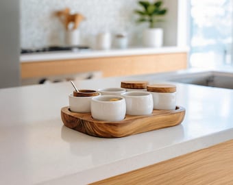 Handmade Wooden Spice Tray Set Solid Wood Seasoning Holder Functional Condiment Organizer for Kitchen and Dining Display