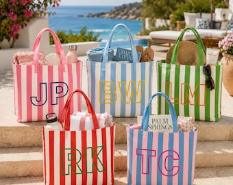 Custom Name Striped Canvas Tote Bag, Personalized Beach Shopper, Future Mrs Tote, Bridesmaid Gift, Bridal Shower Bag