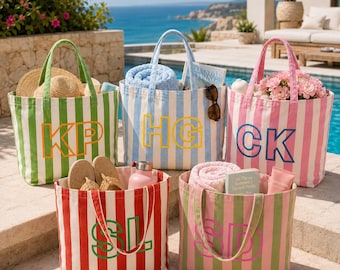 Custom Embroidered Striped Tote Bag, Personalized Name Beach Shopper, Bridesmaid Gift Bag, Future Mrs Tote, Bridal Party Bag
